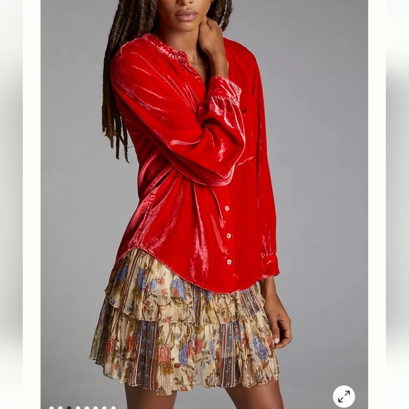 Pilcro Puff Sleeve Velvet Front Buttons Long Sleeve Vibrant Blouse Shirt Medium - Picture 5 of 14